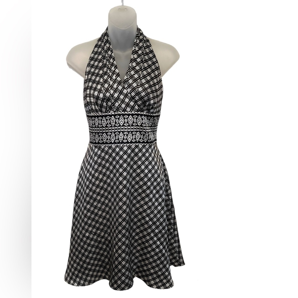 White House Black Market Black and White One-Shoulder Halter Fit-and-Flare Dress